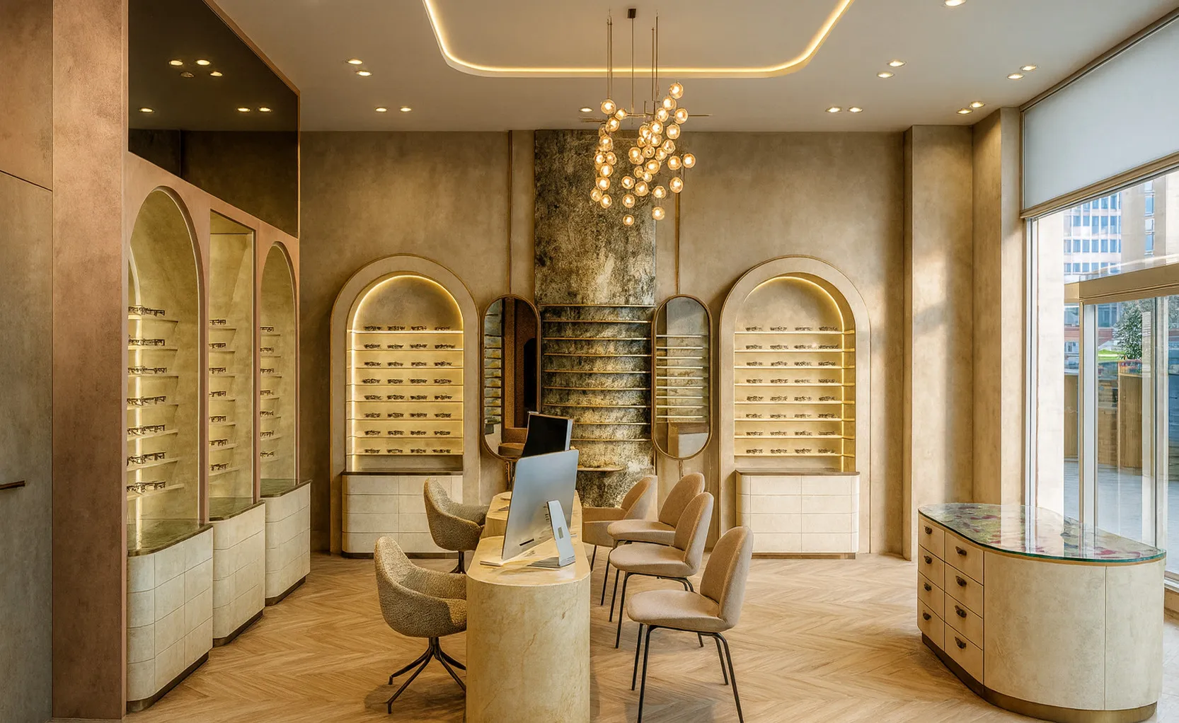 Boutique d’opticien à Paris 17e : présentoirs à lunettes en arche éclairés, colonne en marbre et lustre à globes