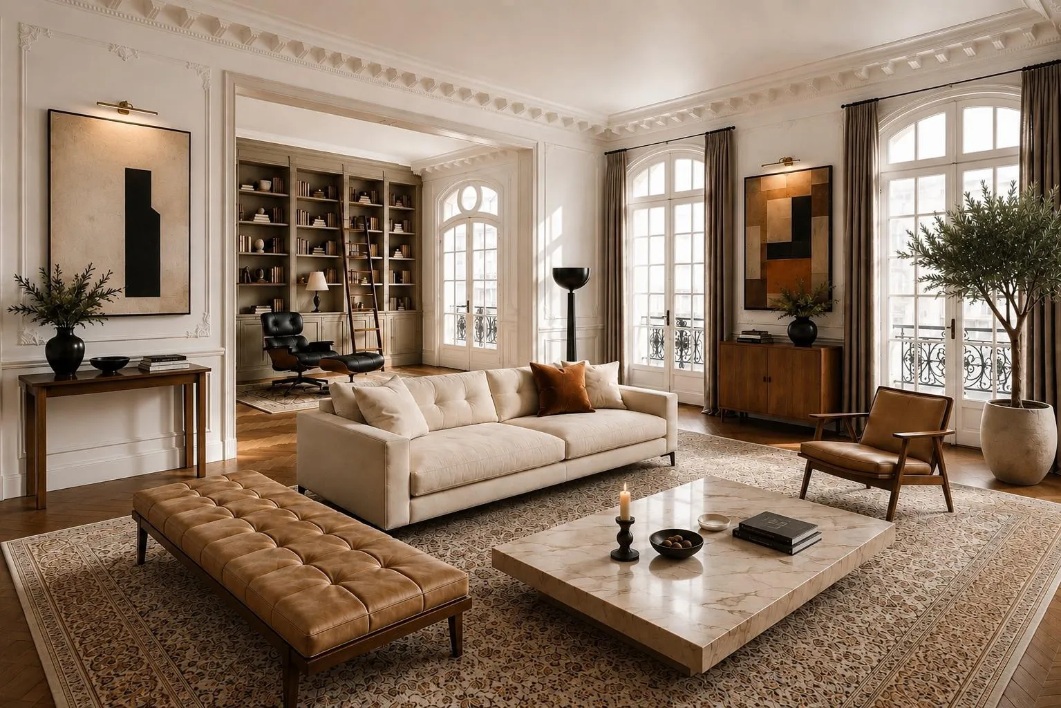 Salon d’un appartement à Paris 16e : canapé crème, banc en cuir capitonné, table basse en marbre et pièces vintage